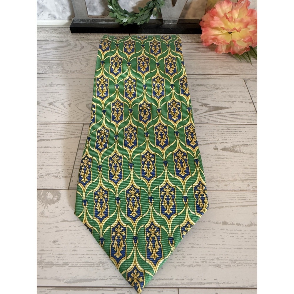 Paul Fredrick Silk Tie 4" Wide Green Blue Gold Ornate Medallion Classic Executiv - Picture 13 of 16